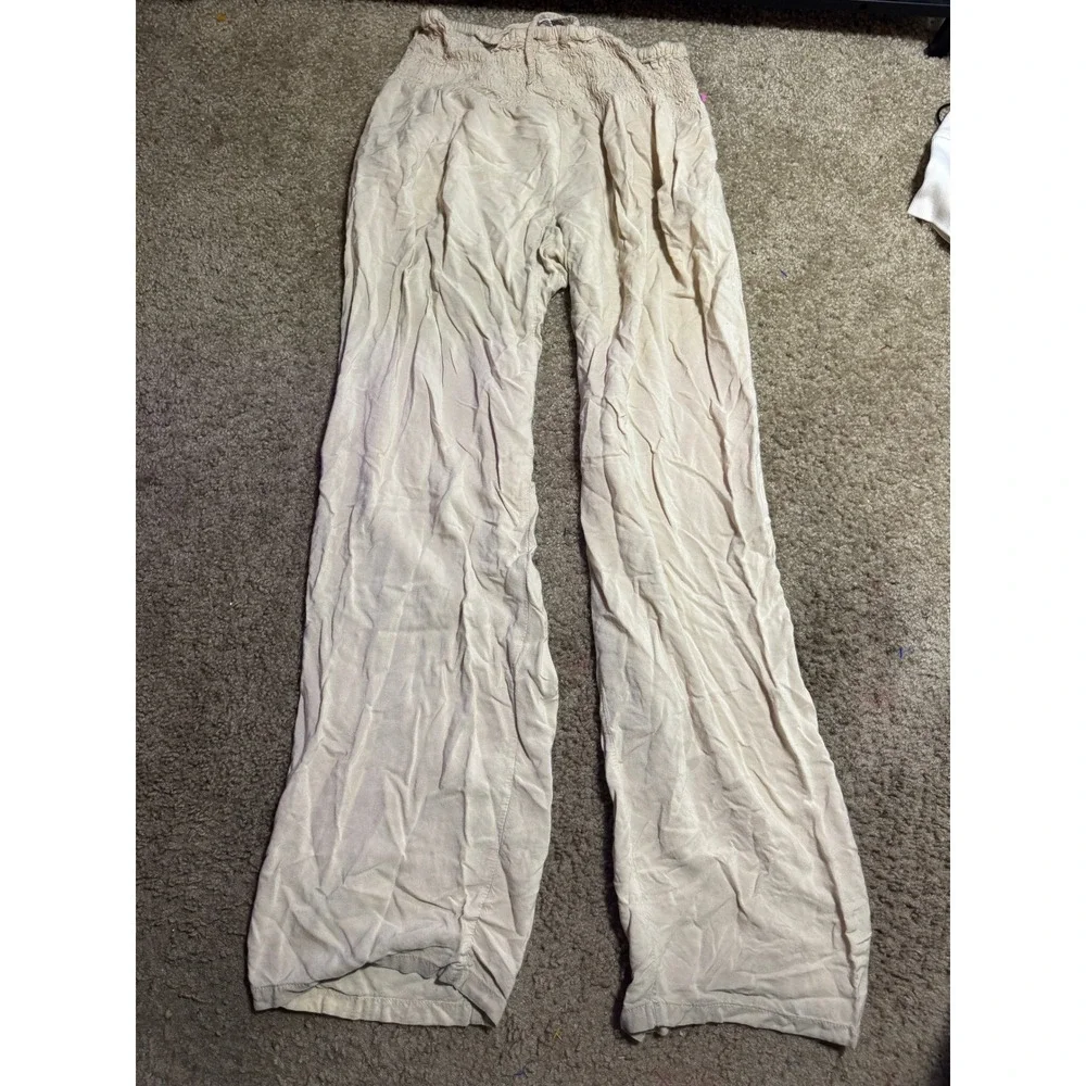 Paradise Island Beige Smocked Waist Linen Blend Wide Leg Pants One‎ Size